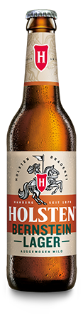Frontalansicht von einem kalten Holsten Bernstein Lager Bier in der Flasche 