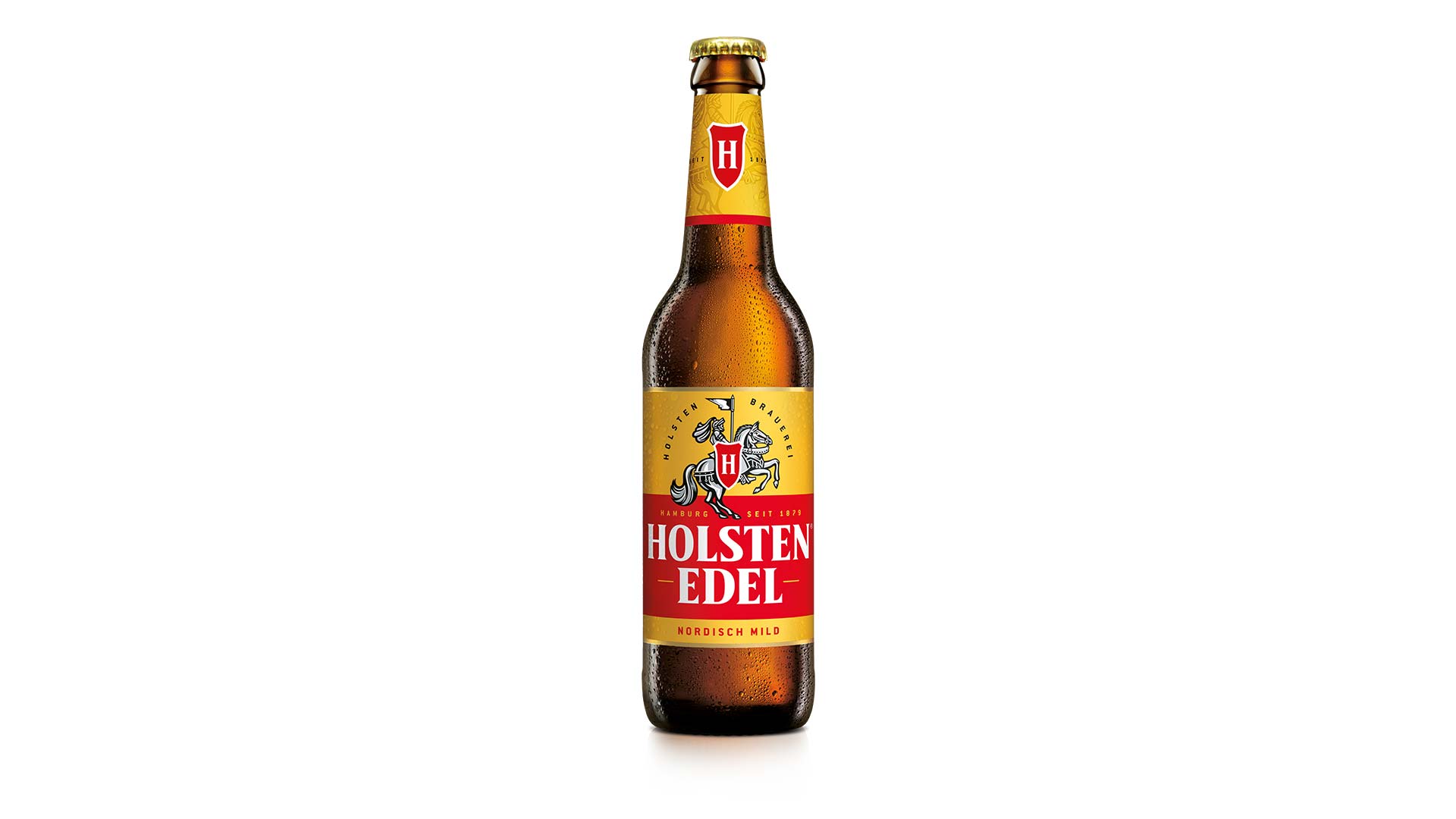 Frontalansicht von einem Holsten Edel Bier in der 500 ml Flasche